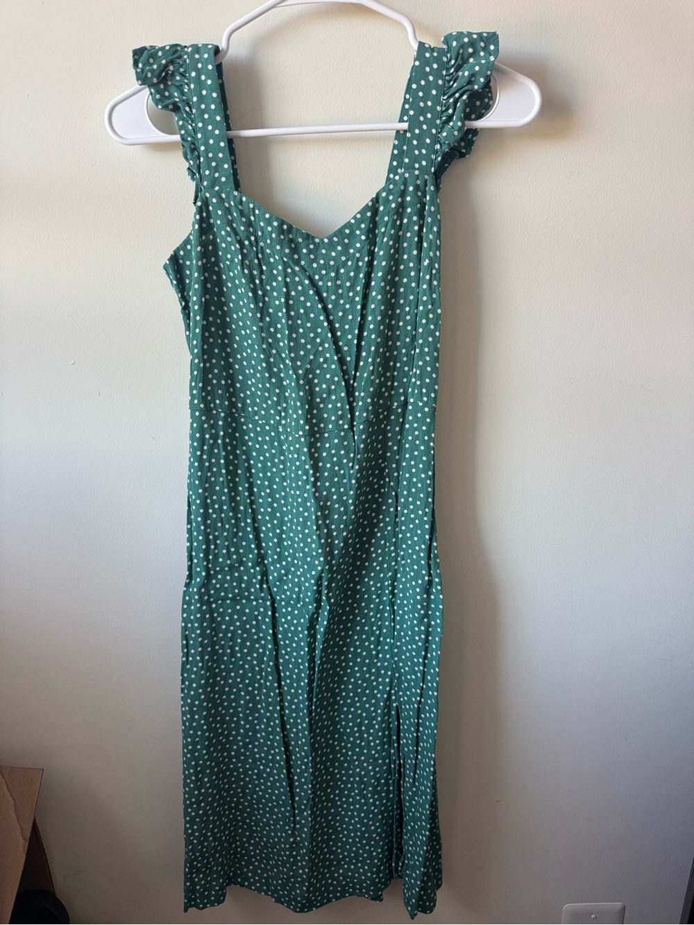 LOFT Green Polka Dot Ruffle Strap Midi Dress